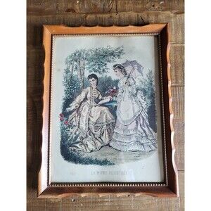 Antique La Mode Illustree Paris Fashion Print Victorian Ladies In Garden Framed